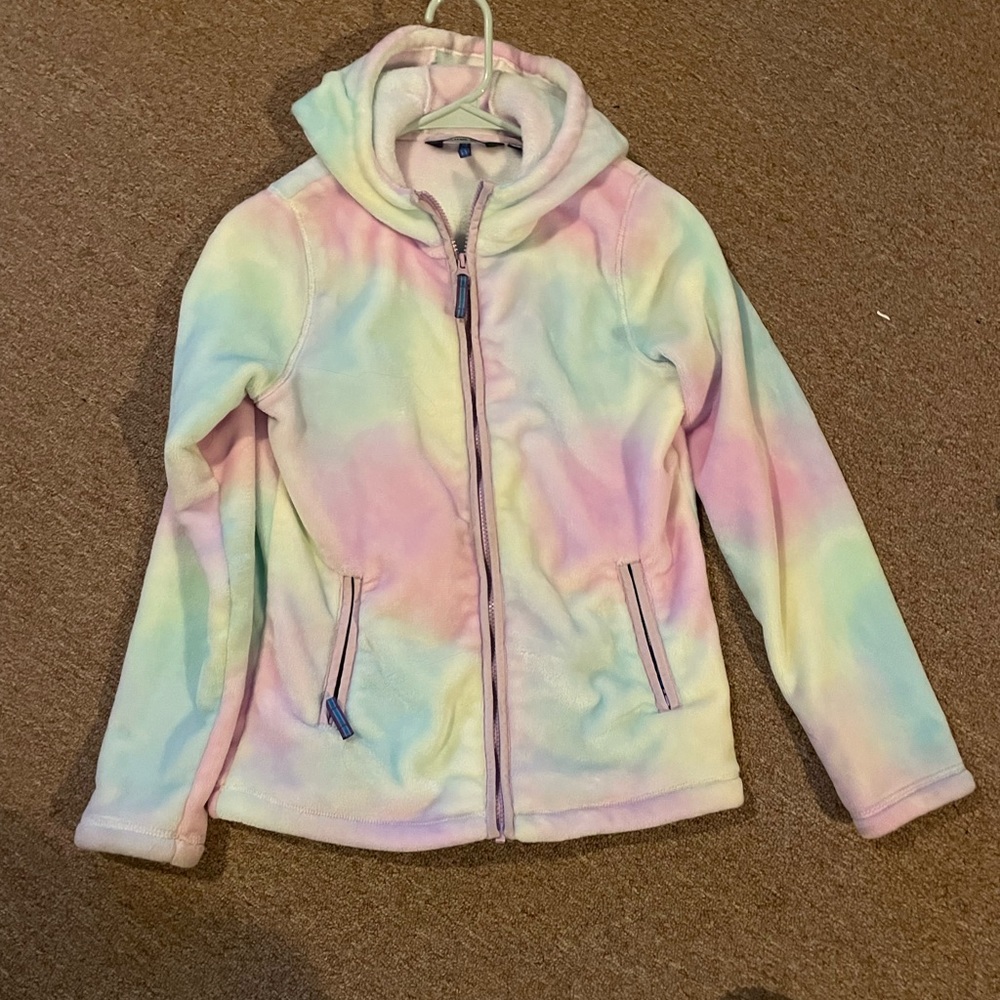 Multi colored Lands End fleece zipped jacket /size large /very good cond